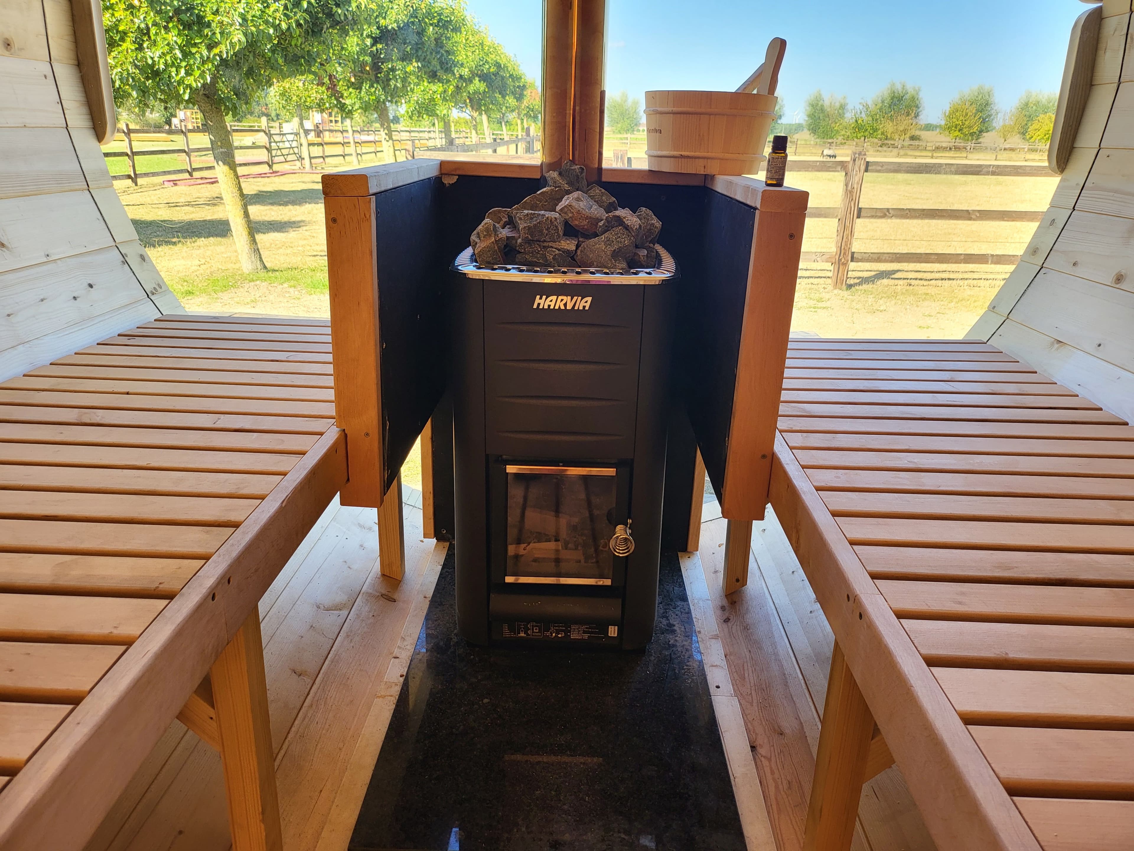 Two-person compact outdoor barrel sauna
