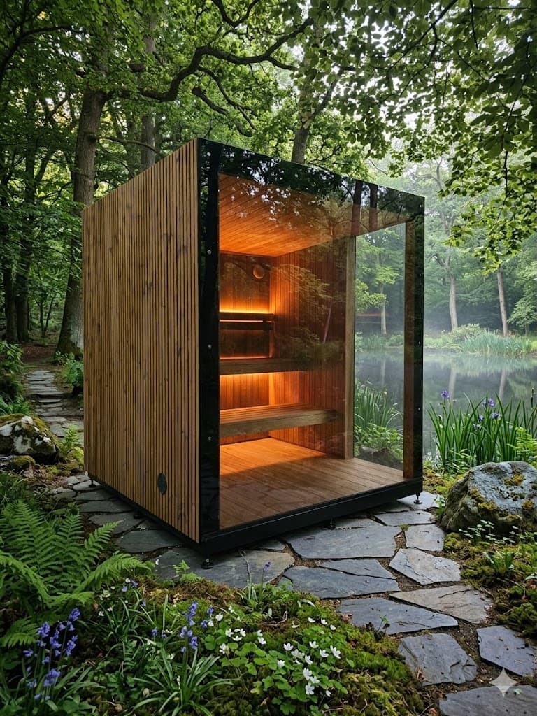 Premium glass wall cube sauna with warm amber interior lighting in garden