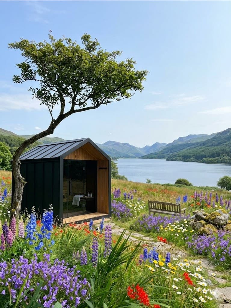 Luxury outdoor sauna cabin in wildflower meadow with lake and mountain views